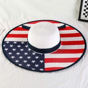American USA Flag Pattern Bow Band Wide Brim Sun Hat